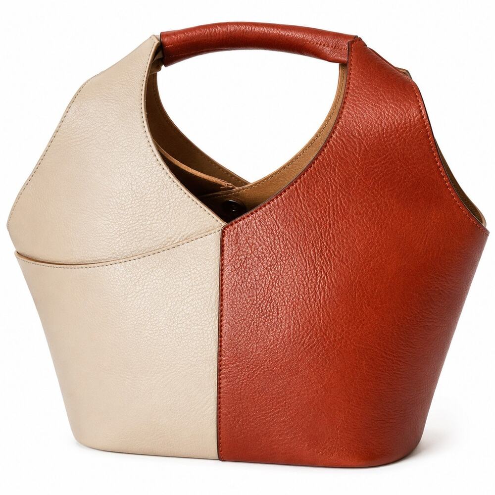 European Leather Color Block Handbag Set Tote & Crossbody Cognac Cream